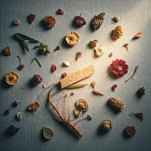 Soft focus overhead shot of dried herbs, botanical roots, and floral petals on a textured linen surface with warm morning light