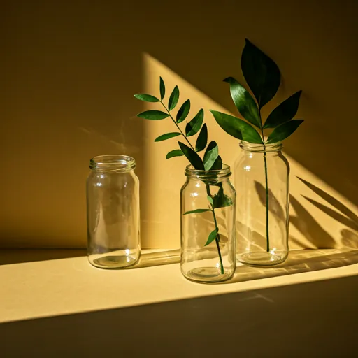 minimalist studio photography of organic botanical leaves and glass jars with warm golden sunlight casting soft shadows on textured paper