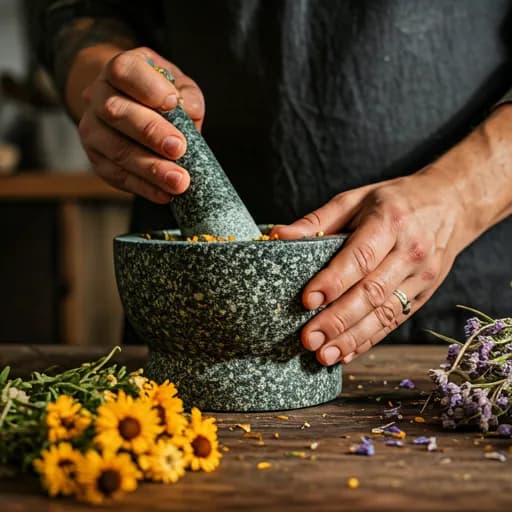 Artisan hands carefully mixing crushed dried herbs and flowers in a traditional stone mortar and pestle in a sunlit workshop